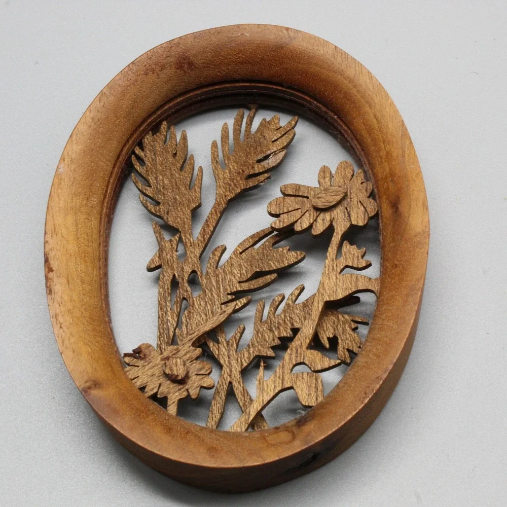 Wooden Floral Wall Plaque Oval Carved Cutout Brown Rustic Folk Art 4in